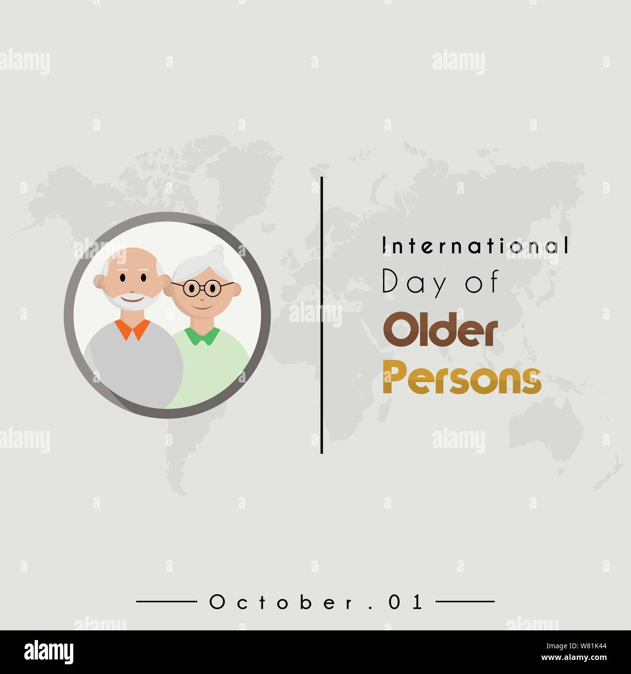 International day of older persons, grandpa and grandma cartoon with world map Stock Vector