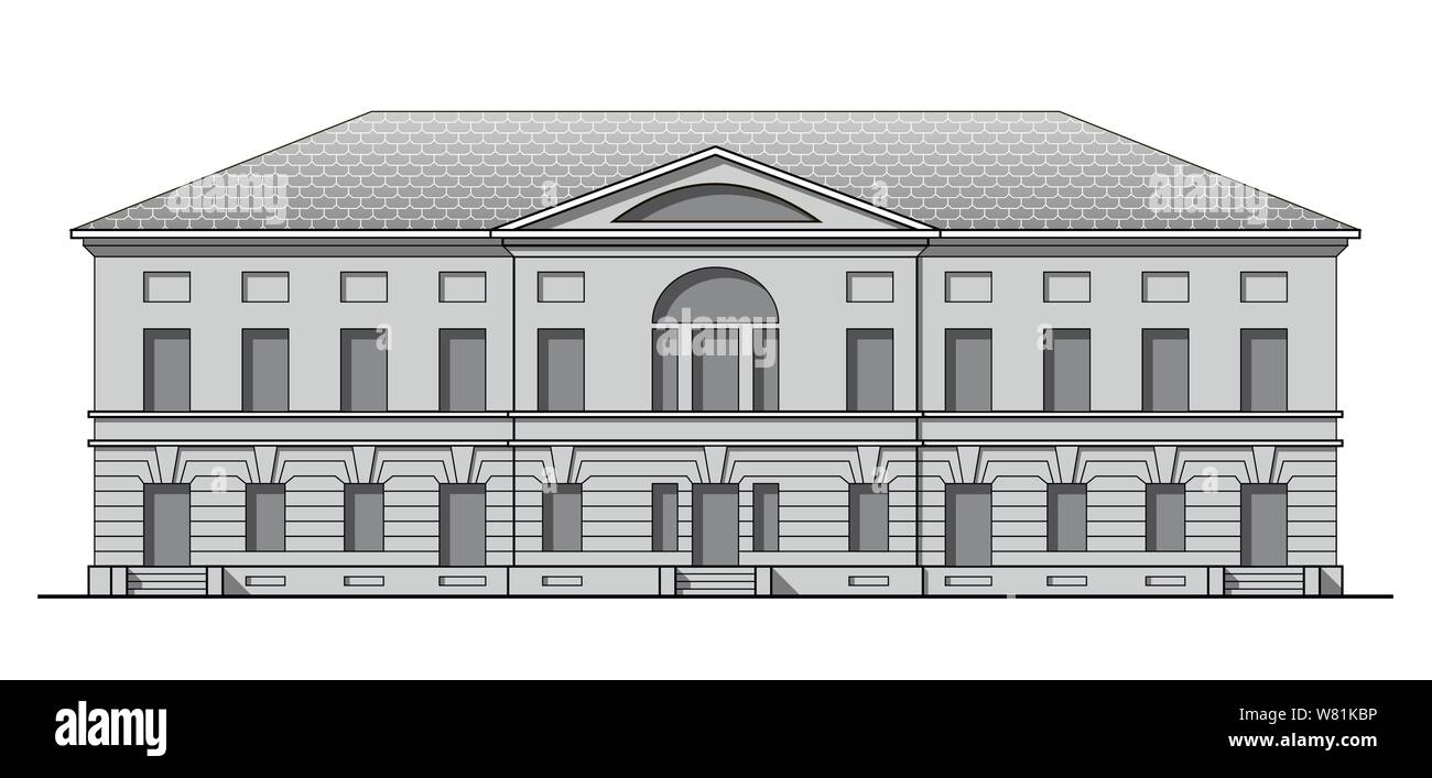 Grayscale classic facade of antique building. Historic house in linear style Stock Vector