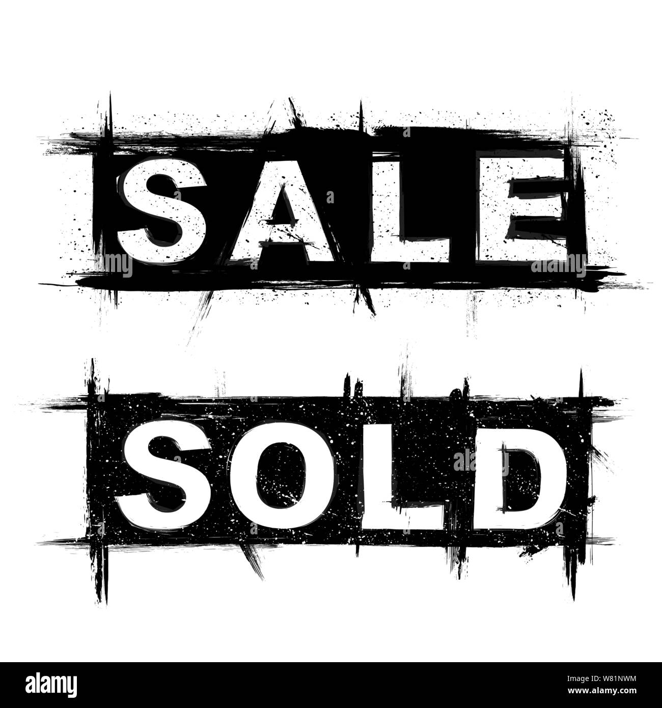 Black and white grunge ink blots sale and sold text Stock Vector