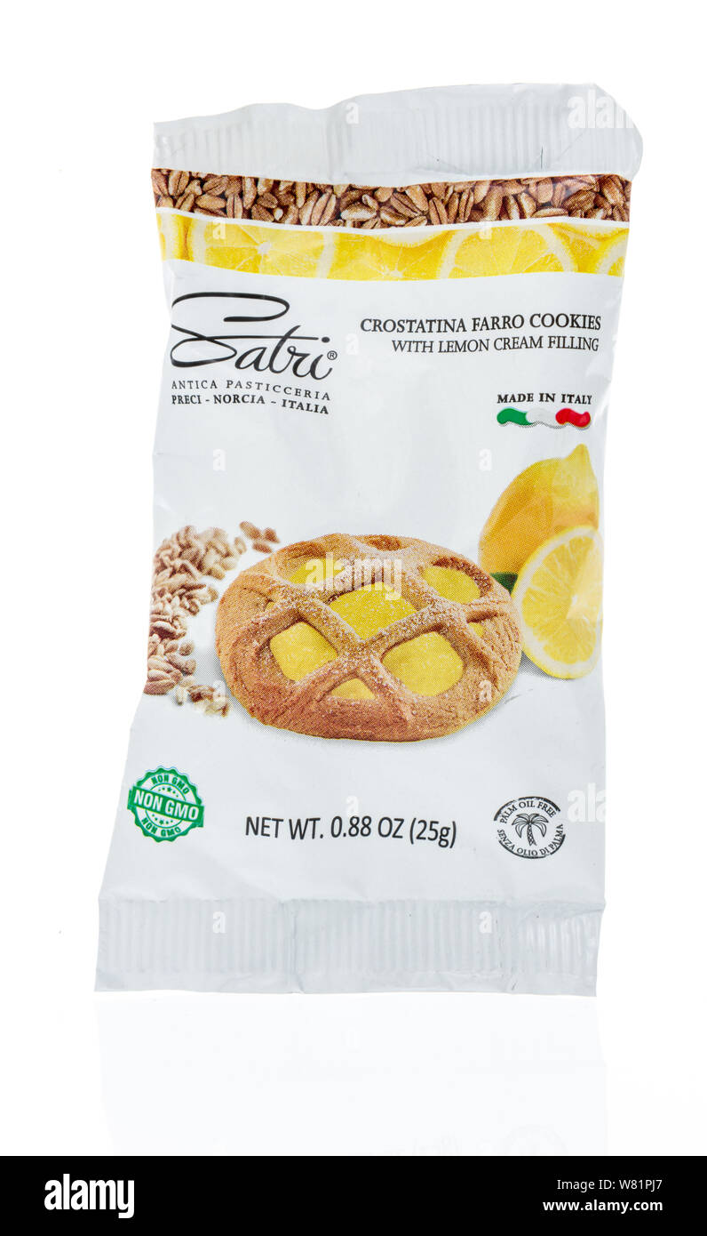 Winneconne, WI - 10 July 2019 : A package of Satri crostaina farro cookies with lemon cream filling on an isolated background Stock Photo