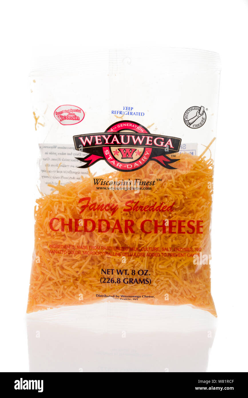 Winneconne, WI 21 July 2019 A package of Weyauwega shredded cheddar