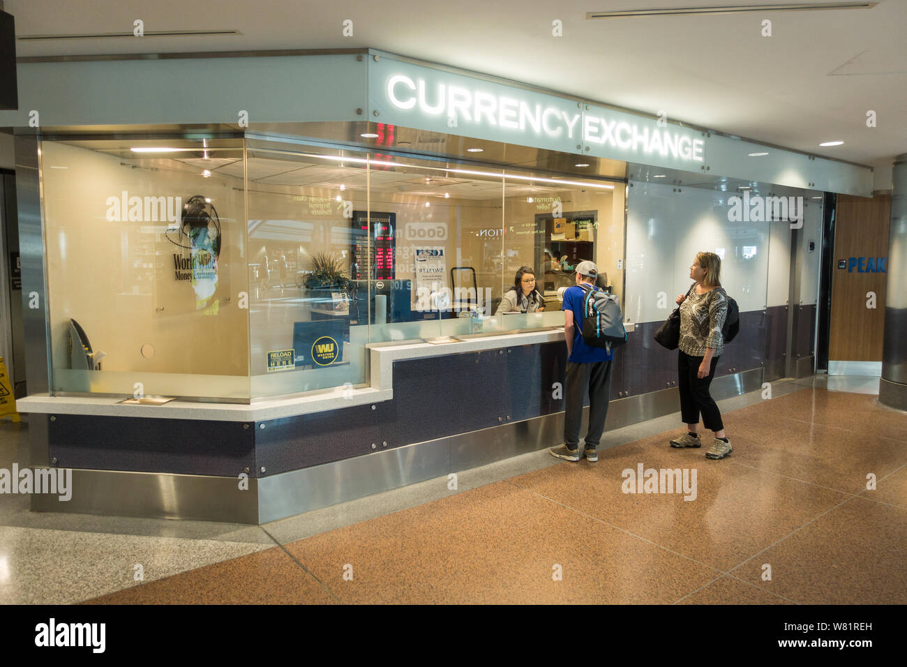 Currency Exchange at the Denver International Airport Terminal B Stock Photo