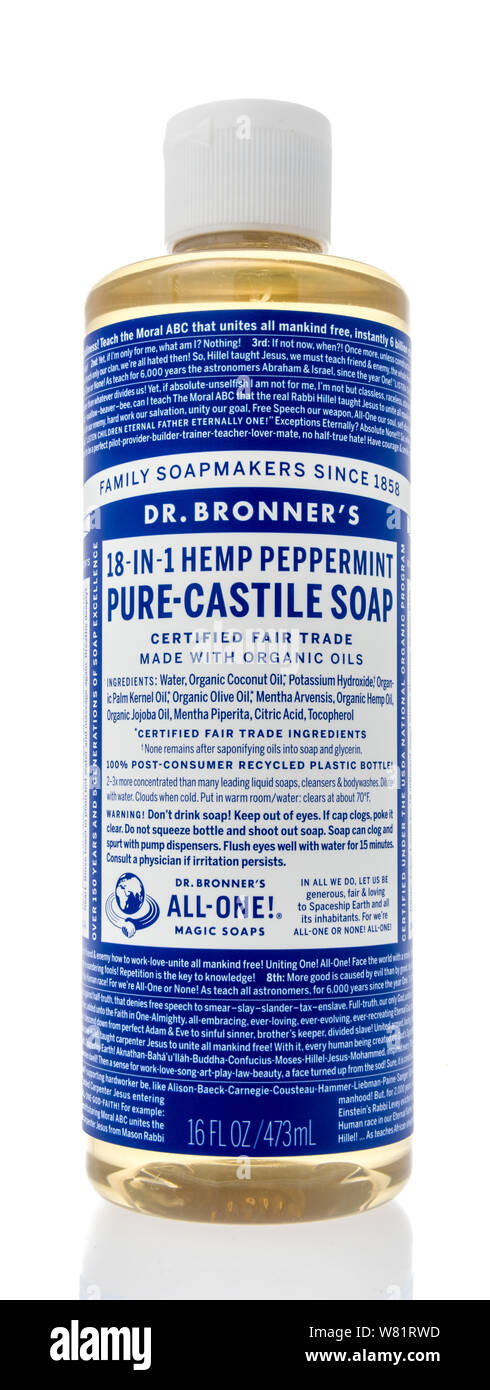 Winneconne, WI - 21 July 2019 : A bottle of Dr Bronners pure-castile soap in peppermint  on an isolated background Stock Photo