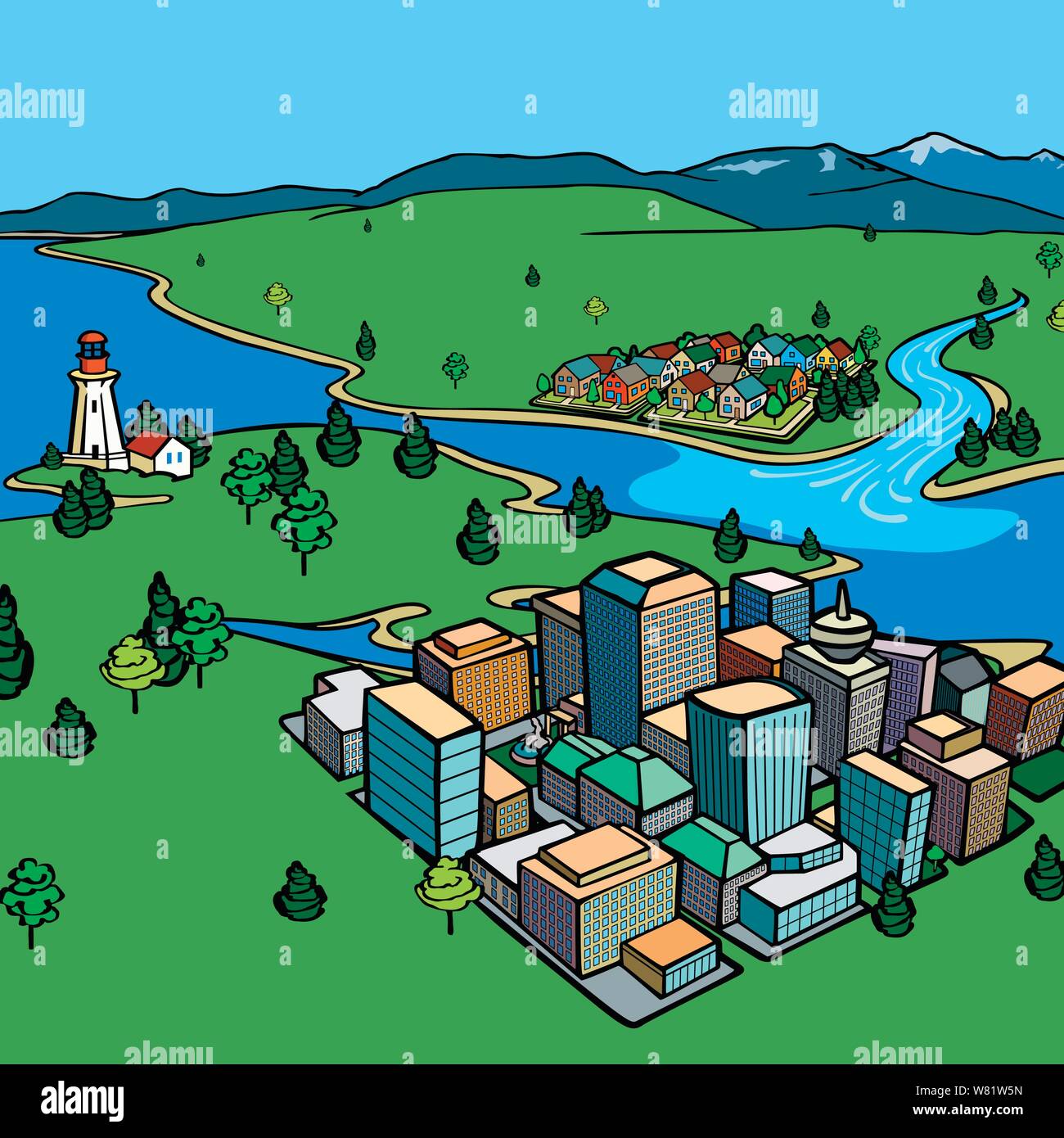 Eco city alongside natural resourses surrounded by mountains & trees with a lighthouse & suburb in the distance Stock Vector