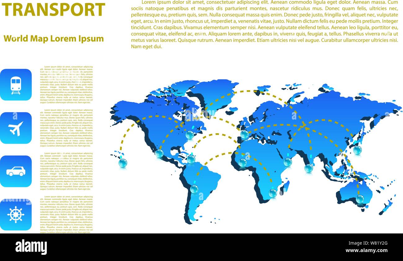 World map with different marks and transport. Design elements Stock Vector