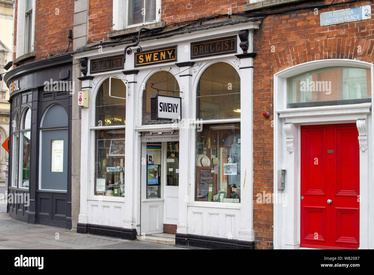 Sweny's Chemist and Druggist, in Lincoln Place, Dublin. Mentioned in James Joyce’s Ulysses where Bloom bought his lemon scented soap. Stock Photo