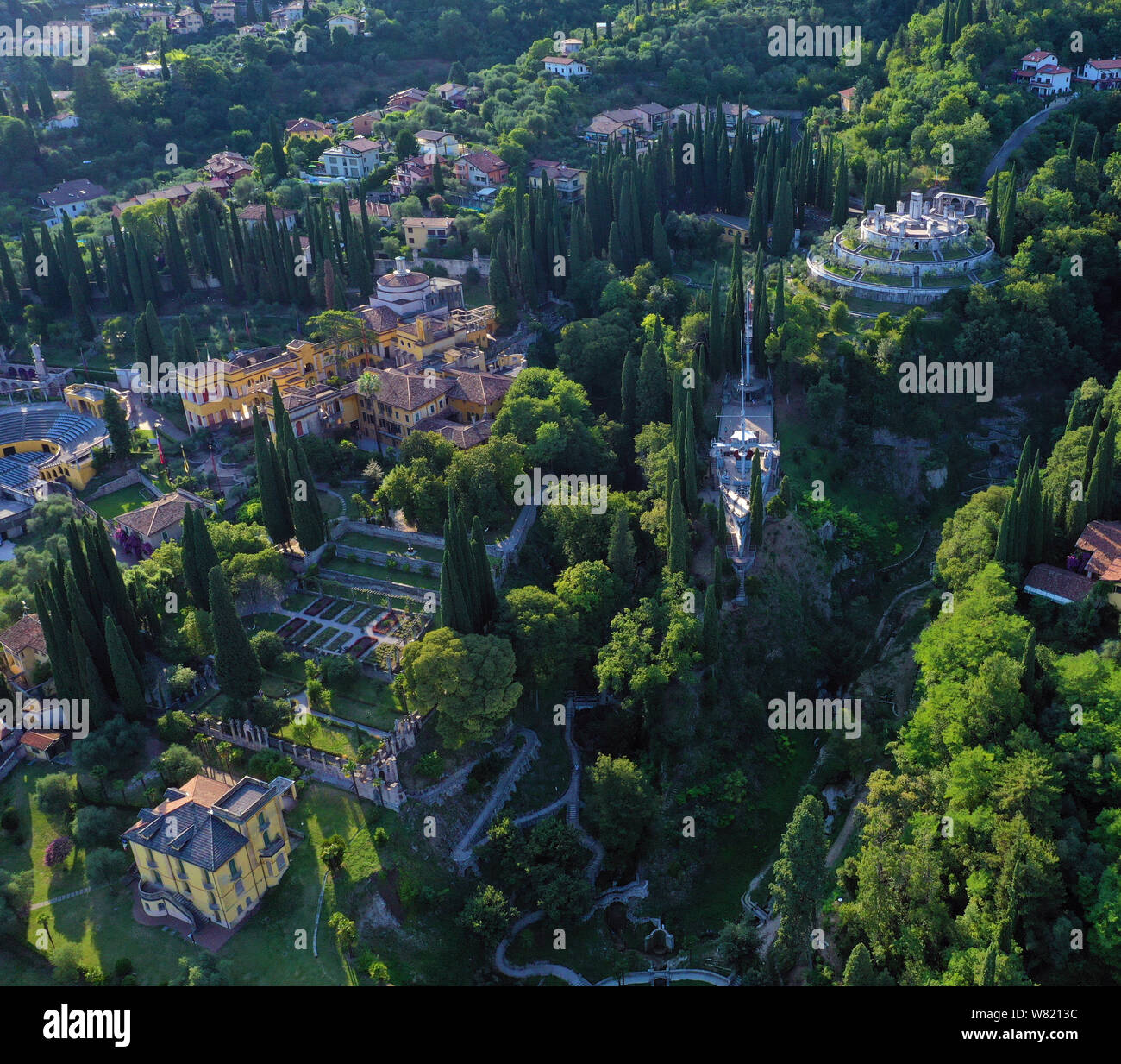 Gardone Riviera, Brescia, Lombardy, Italy - 08/03/2019: Aerial view of the Vittoriale degli Italiani the residence of the Italian writer Gabriele d’An Stock Photo
