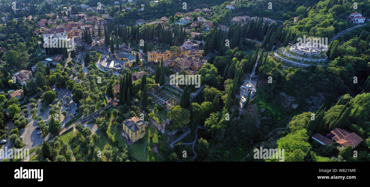 Gardone Riviera, Brescia, Lombardy, Italy - 08/03/2019: Aerial view of the Vittoriale degli Italiani the residence of the Italian writer Gabriele d’An Stock Photo