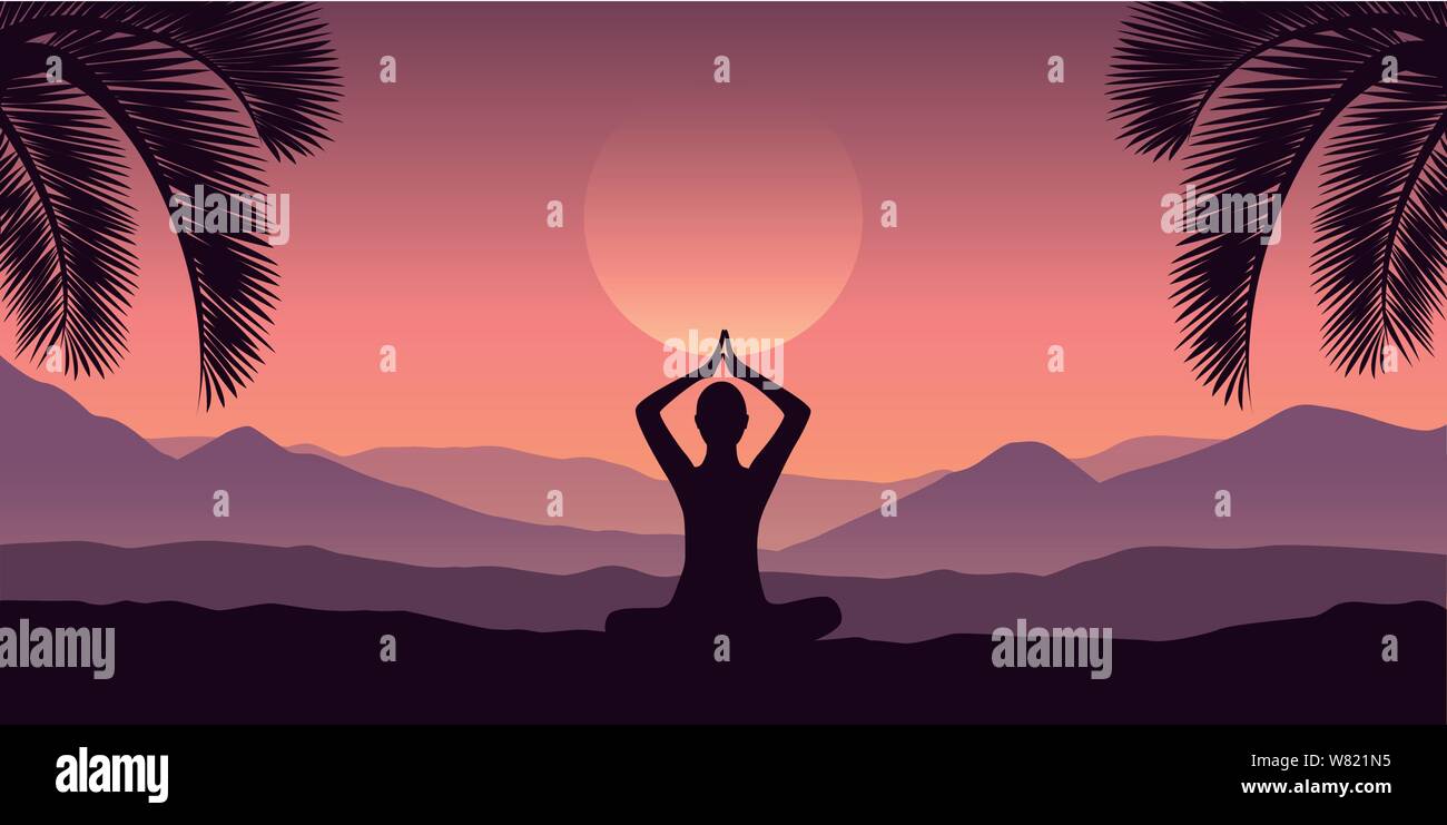 peaceful meditation at tropical red mountain landscape in purple colors vector illustration EPS10 Stock Vector