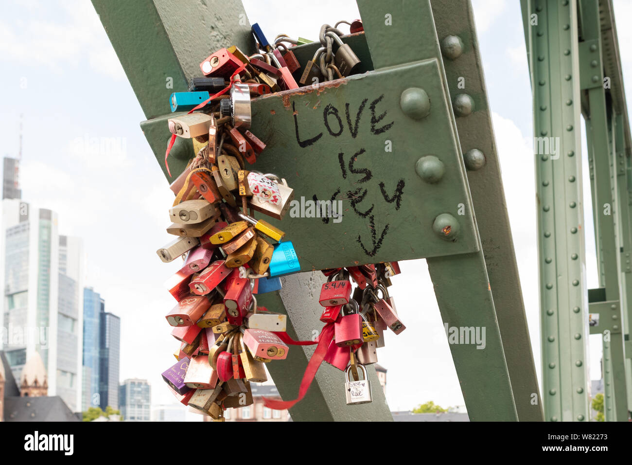 Love locks on Frankfurt Iron Bridge, Frankfurt am Main, Germany, Europe Stock Photo