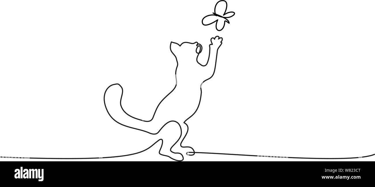 Continuous one line drawing. Cat reaching up to catch butterfly. Vector illustration Stock Vector