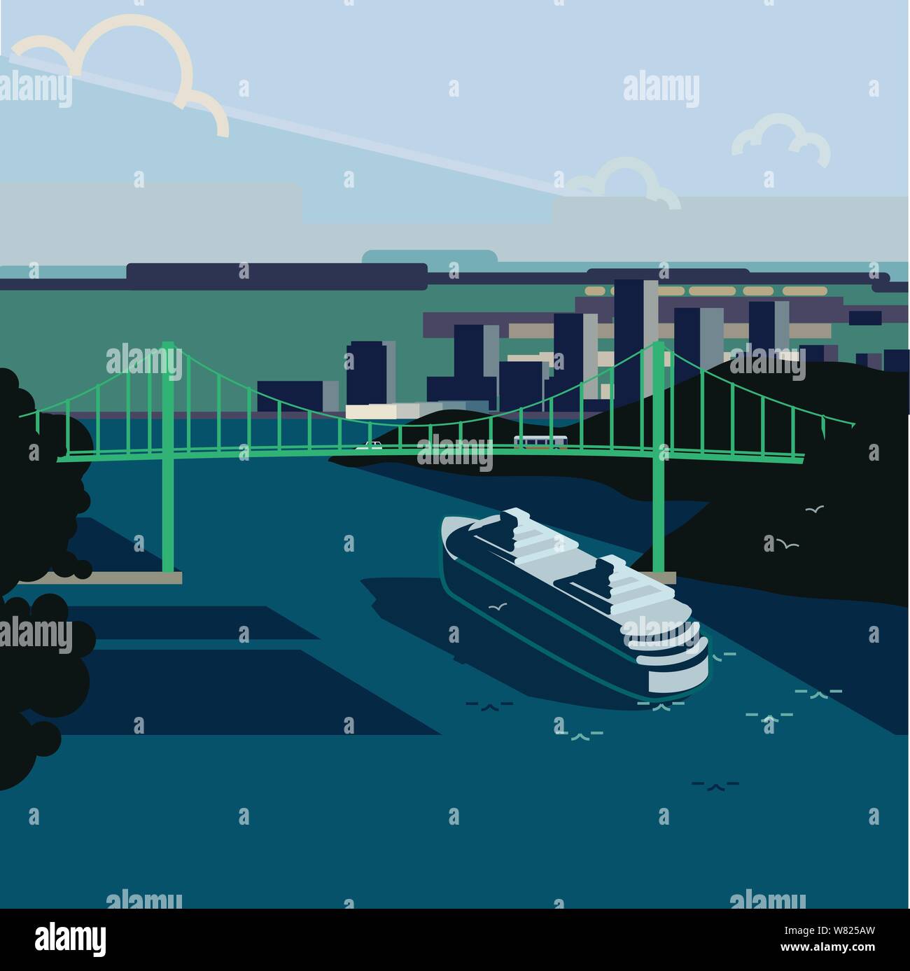 A cruise ship passes under the lionsgate bridge in vancouter beside stanly park & Vancouver in the distance Stock Vector
