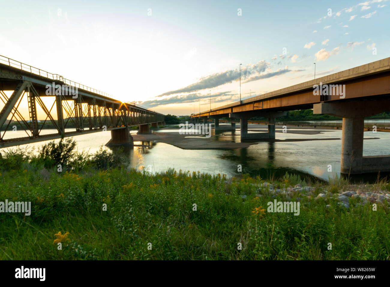 Bridges over the South Saskatchewan River in Saskatoon Saskatchewan Canada Stock Photo