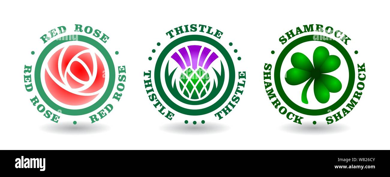 Collection of round logotypes with rose, thistle, shamrock. National symbols of England, Scotland, Ireland Stock Vector