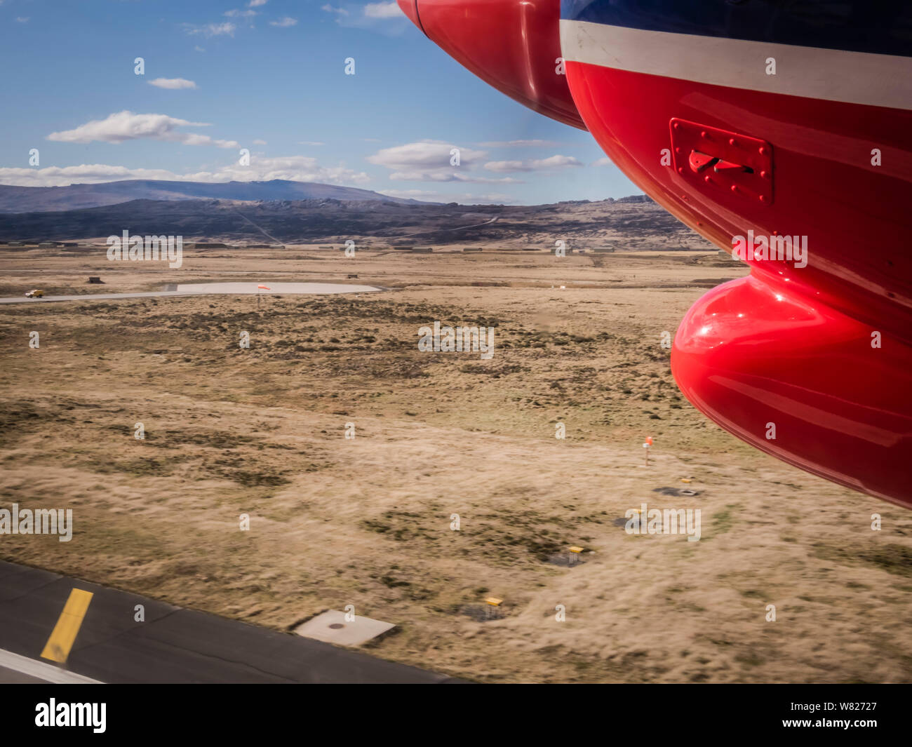 plane taking off from stanley airport, falkland islands. Stock Photo