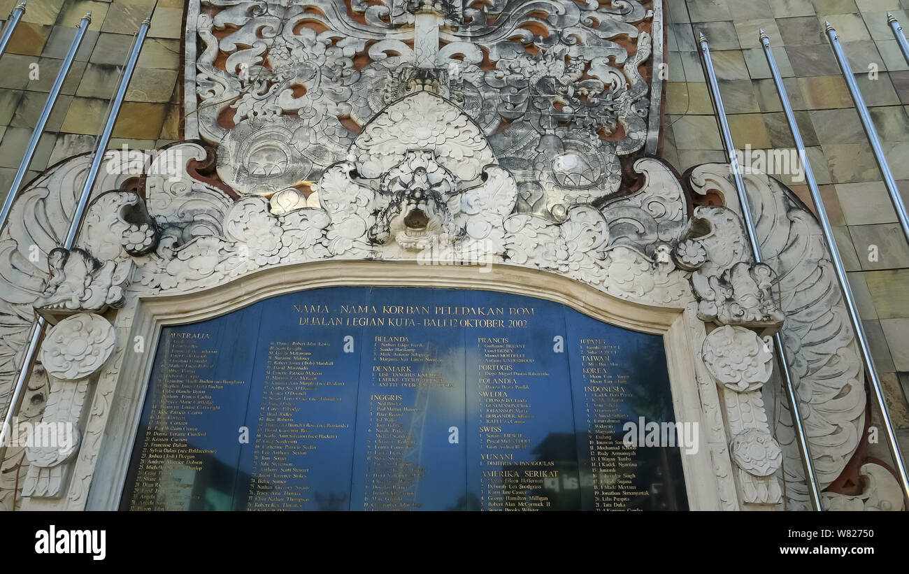 KUTA, INDONESIA - JUNE, 17, 2017: close up of the plaque at the bali bombing memorial in kuta beach Stock Photo