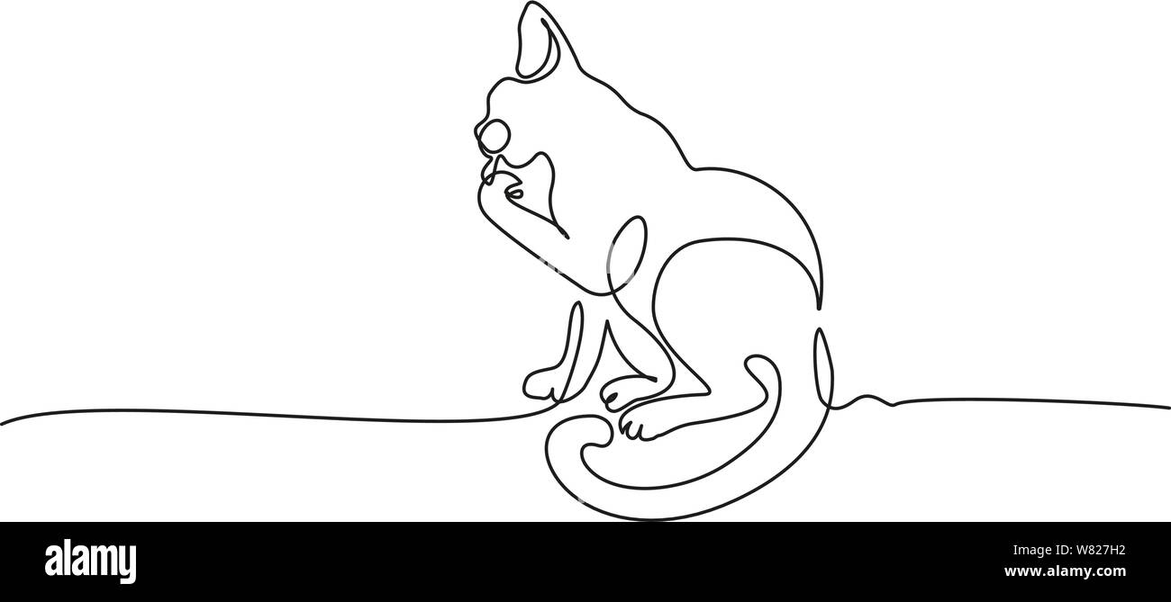 Continuous one line drawing. Cat sitting and cleaning paw. Vector illustration Stock Vector