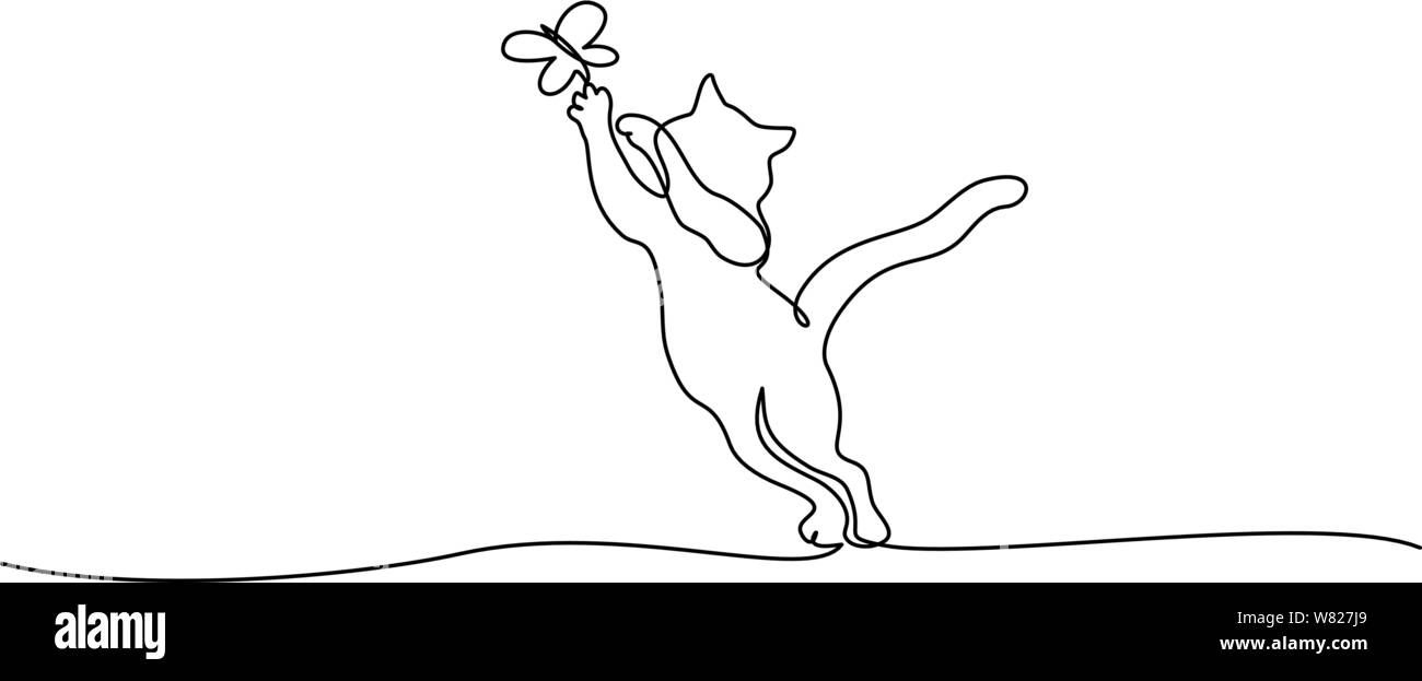 Continuous one line drawing. Cat reaching up to catch butterfly. Vector illustration Stock Vector