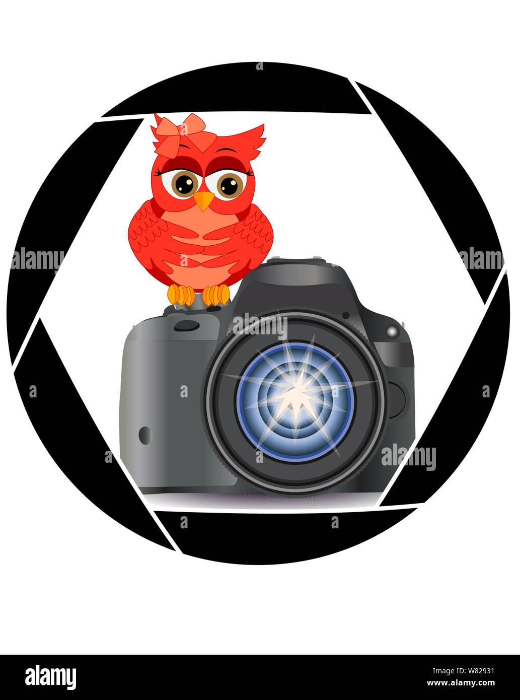 Beautiful cartoon red owl sits on the button Start the camera in the frame of the camera's aperture. Concept photography, vocations, photo business Stock Vector