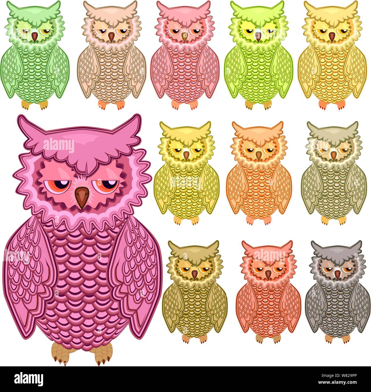Set of twelve colourful owls isolated on white background Stock Vector ...