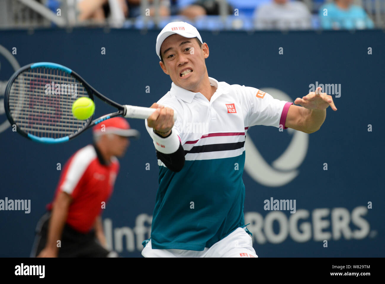 Montreal, Quebec, Canada. 7th Aug, 2019. KEI NISHIKORI of Japan in his  second round match v. R. Gasquet in the Rogers Cup tennis tournament in  Montreal Canada. Credit: Christopher Levy/ZUMA Wire/Alamy Live