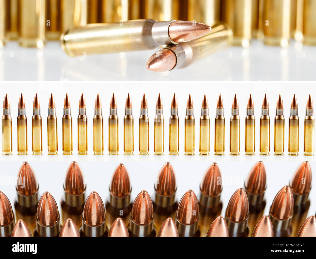 Hunting or military ammunition. Collage of different types of firearms. Stock Photo