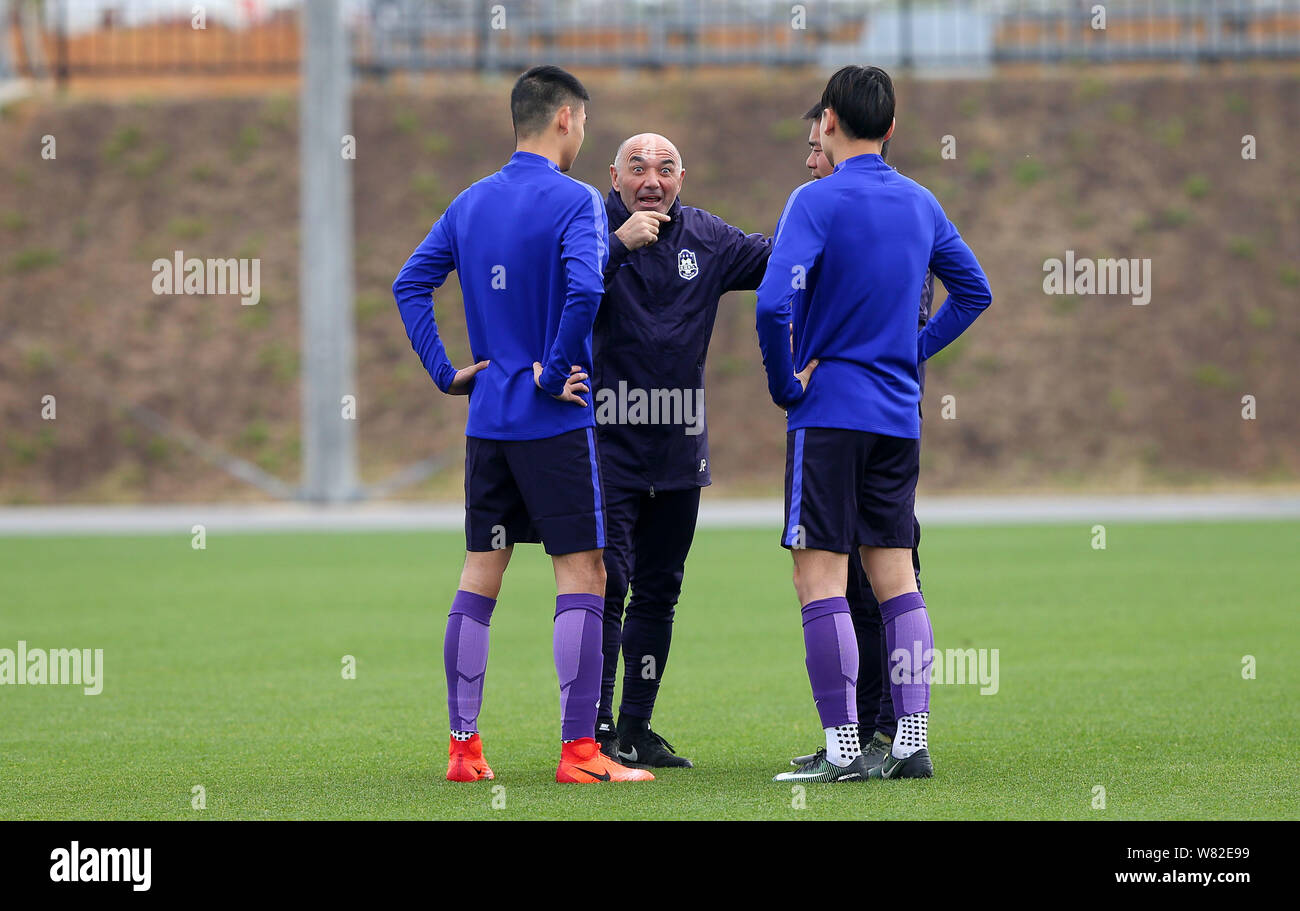 Head coach Jaime Pacheco of Tianjin TEDA F.C. take part in a training session in Okinawa, Japan, 15 February 2017. Stock Photo