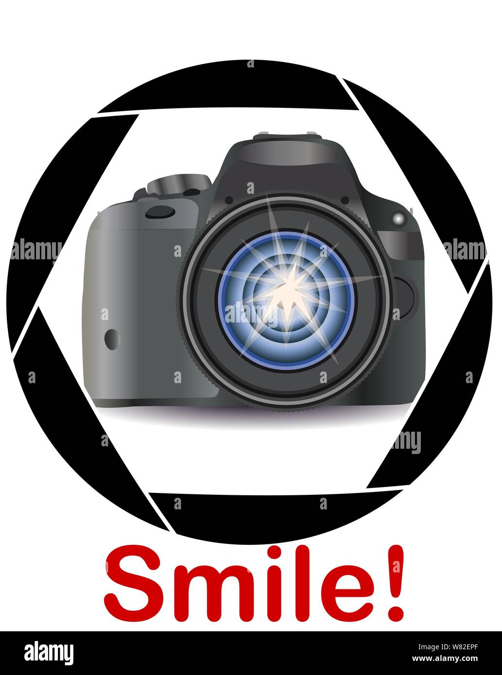 A realistic modern camera in the frame of the camera's diaphragm. Concept photography, vocations, photo business. Inscription Smile Stock Vector