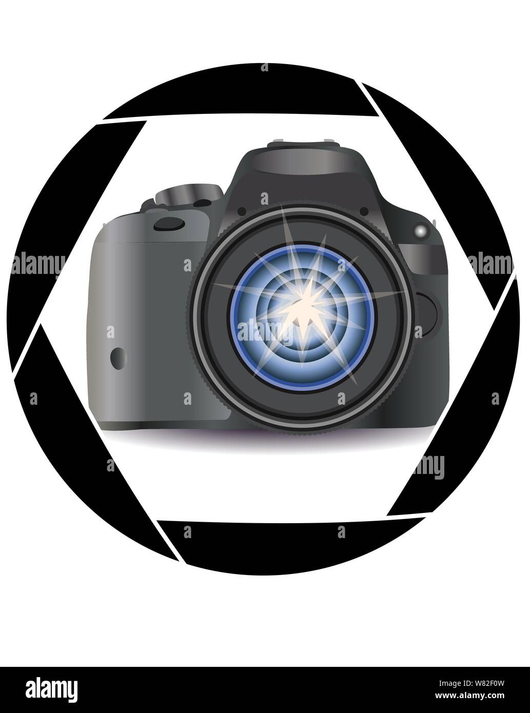 A realistic modern camera in the frame of the camera's diaphragm. Concept photography, vocations, photo business Stock Vector