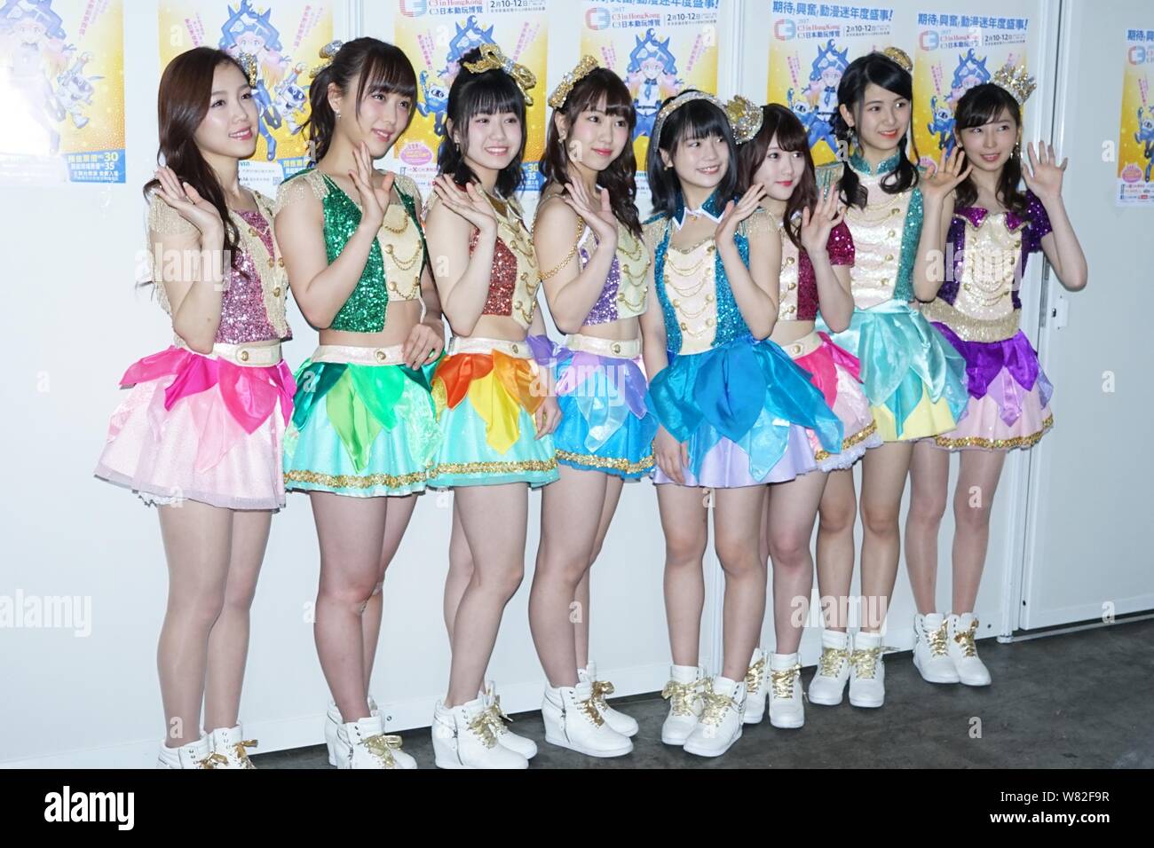 Members of Japanese idol girl group SKE48 pose during the 2017 'C3 X HOBBY' expo in Hong Kong, China, 10 February 2017. Stock Photo