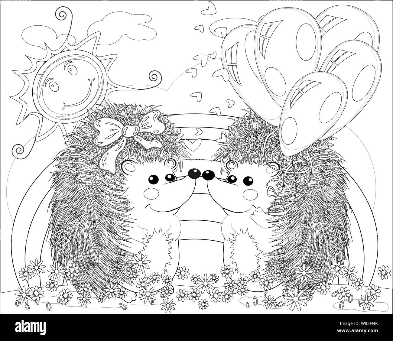 Coloring Page With Lovely Hedgehog With Balloons Near The Rainbow Coloring Book For Adult And Older Children Outline Drawing Stock Vector Image Art Alamy