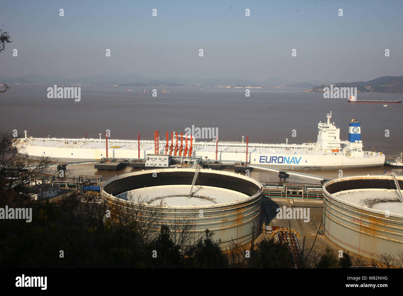 The supertanker TI Europe is seen at a berth in Daxie port zone of Ningbo-Zhoushan Port in Ningbo city, east China's Zhejiang Province, 13 February 20 Stock Photo