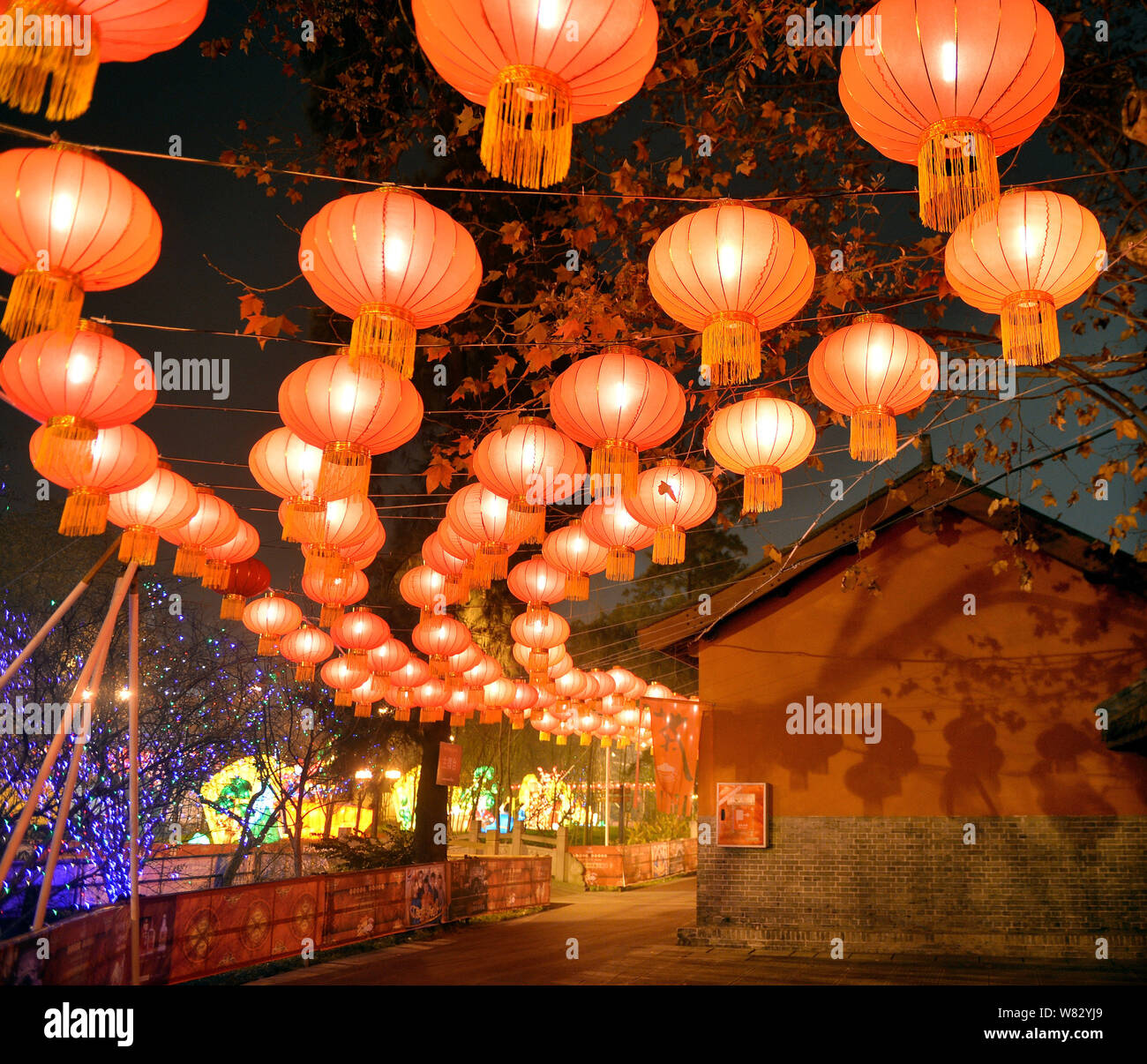 Red lanterns are lit up for the upcoming Chinese Lunar New Year, also ...