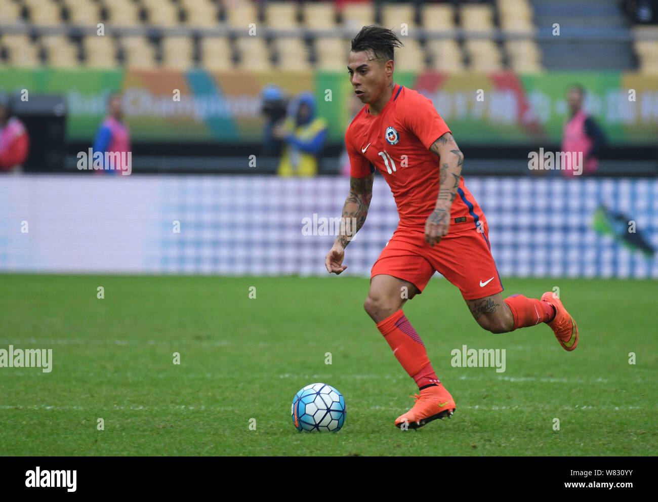 Eduardo Vargas of Chile dribbles against Iceland in their final match during the 2017 Gree China Cup International Football Championship in Nanning ci Stock Photo