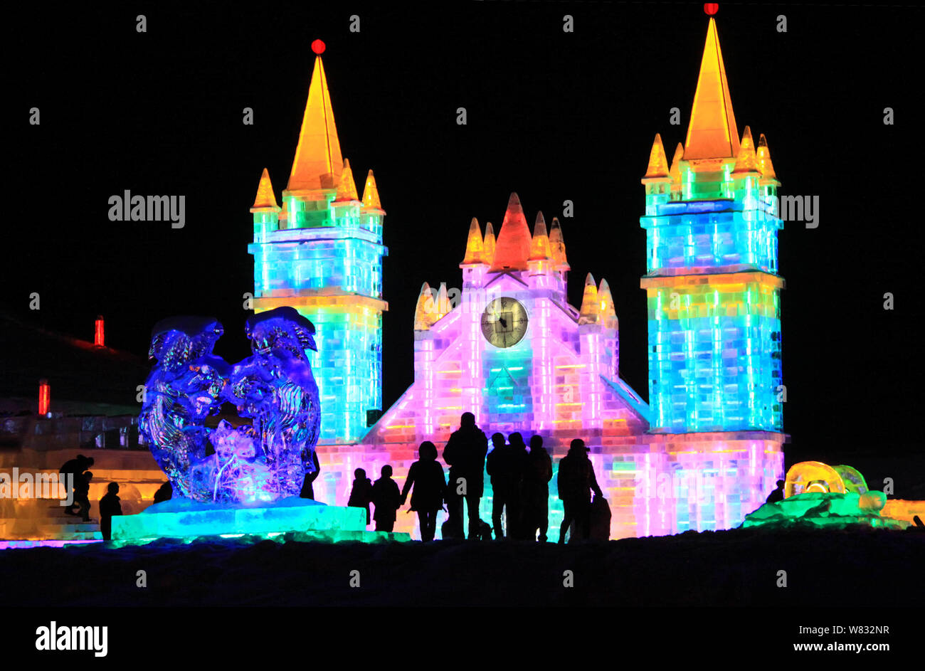 View of illuminated ice sculptures in the Altay Ice and Snow World in Altay city, Ili Kazakh Autonomous Prefecture, northwest China's Xinjiang Uygur A Stock Photo