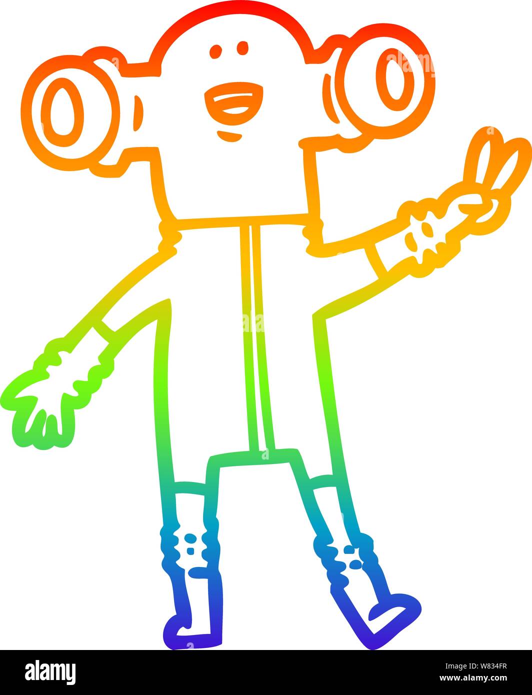 rainbow gradient line drawing of a friendly cartoon alien giving peace ...