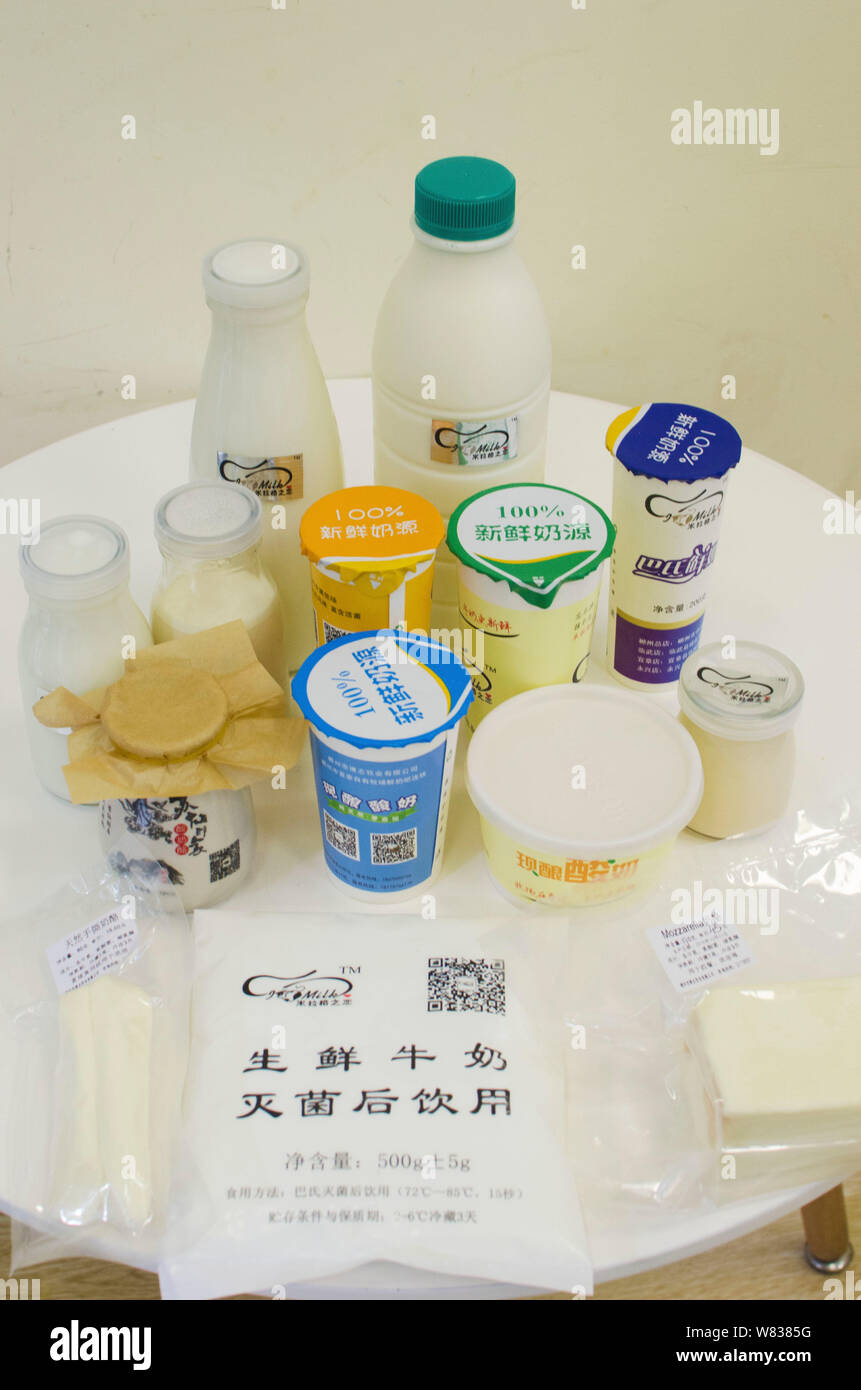 View of dairy products produced by Chinese cattleman Zeng Bo, a doctorate holder in animal nutrition from Chinese Academy of Sciences, in his direct-s Stock Photo