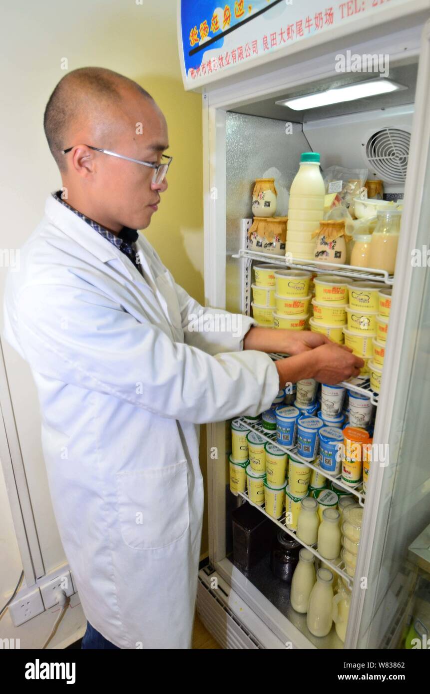 Chinese cattleman Zeng Bo, a doctorate holder in animal nutrition from Chinese Academy of Sciences, refrigerate his dairy products in his direct-sale Stock Photo