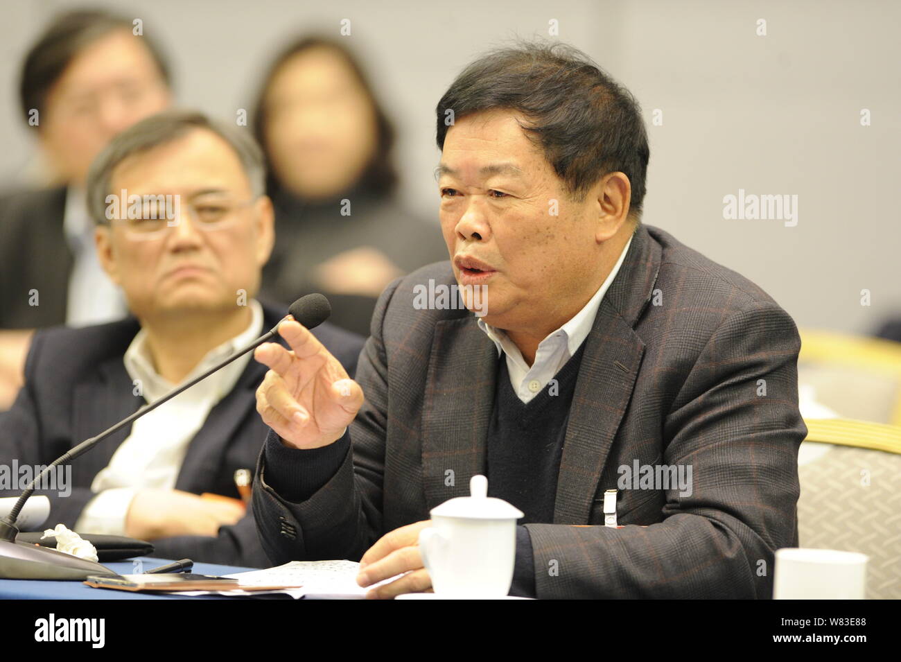 --FILE--Cho Tak Wong (Cao Dewang), Chairman of Fuyao Group and Chairman of Fuyao Glass Industry Group Co., attends a panel discussion during the Third Stock Photo