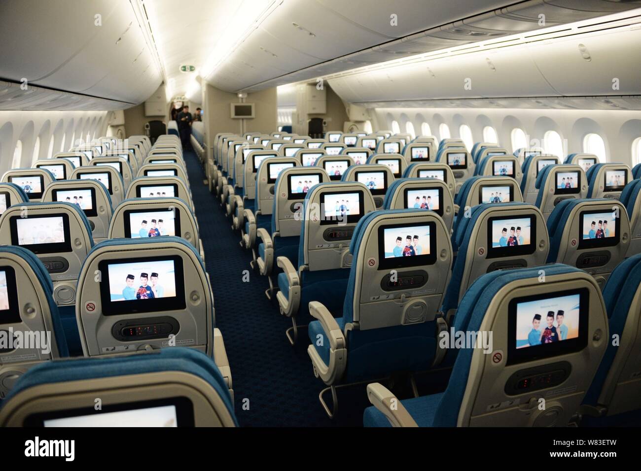 View of the economy class of the first Boeing 787-9 Dreamliner of Xiamen Airlines at the Xiamen Gaoqi International Airport in Xiamen city, southeast Stock Photo