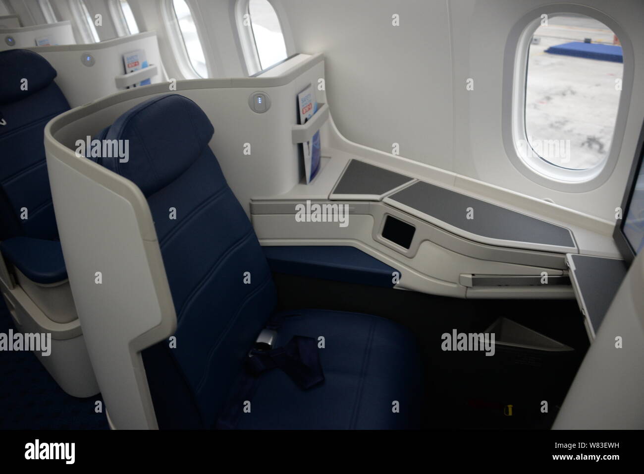 View of the business class of the first Boeing 787-9 Dreamliner of Xiamen Airlines at the Xiamen Gaoqi International Airport in Xiamen city, southeast Stock Photo