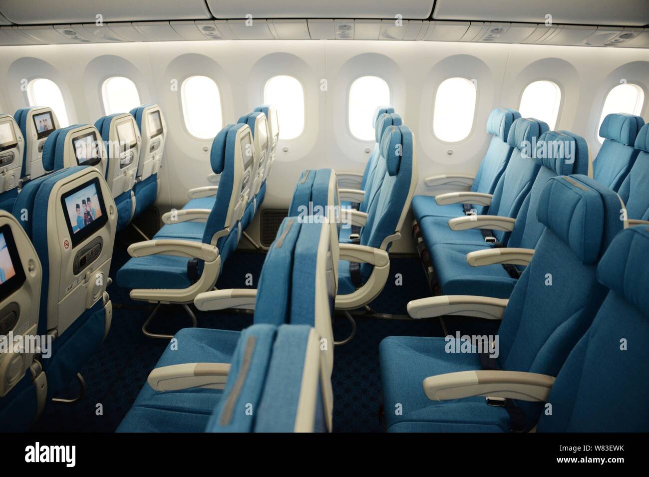 View of the economy class of the first Boeing 787-9 Dreamliner of Xiamen Airlines at the Xiamen Gaoqi International Airport in Xiamen city, southeast Stock Photo