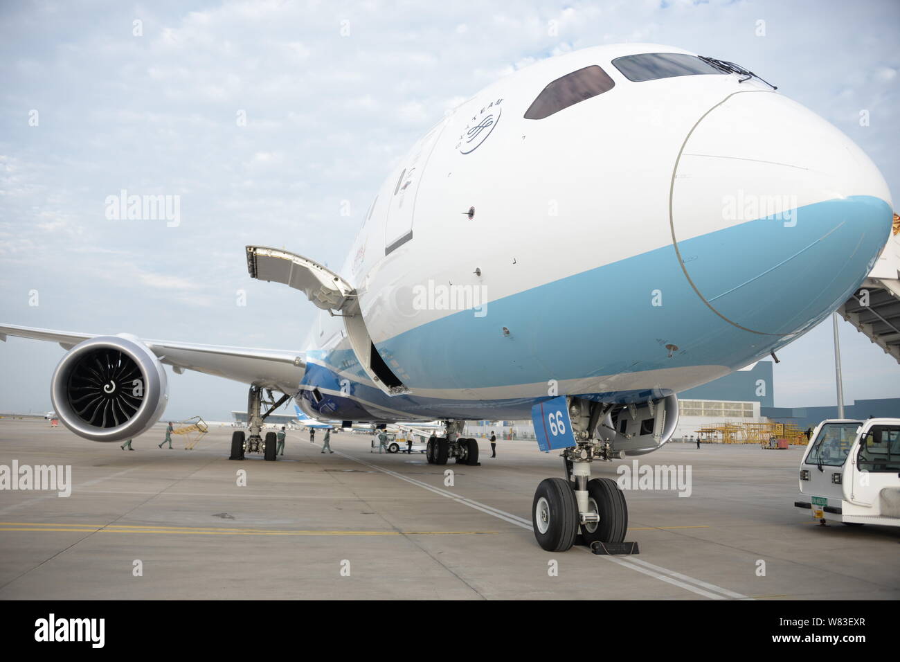 The first Boeing 787-9 Dreamliner of Xiamen Airlines is pictured at the Xiamen Gaoqi International Airport in Xiamen city, southeast China's Fujian pr Stock Photo