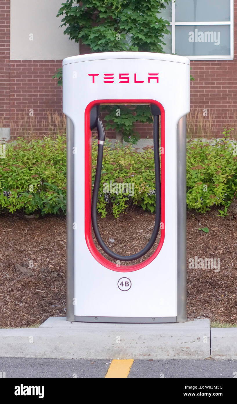 Single Tesla charging station for electric cars in Barrie Ontario  Canada Stock Photo