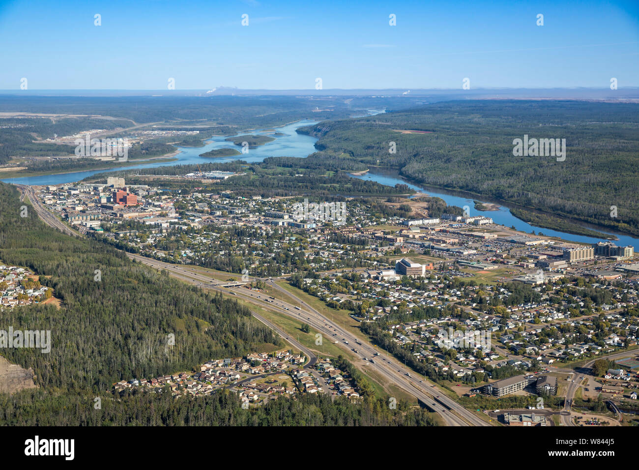 Aerial view of Fort McMurray, Alberta Canada showing the Athabasca