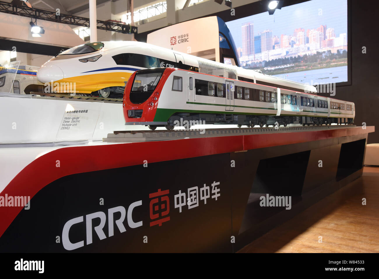 FILE--Model trains at the stand of CRRC Corporation are on display