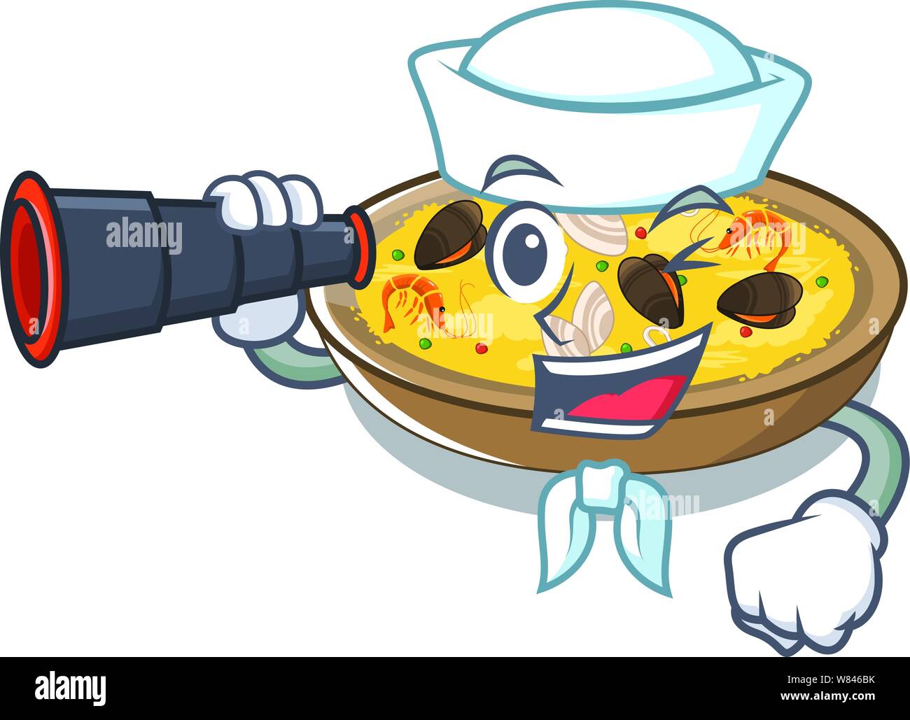 Sailor with binocular spanish paella dishes in cartoon shape Stock