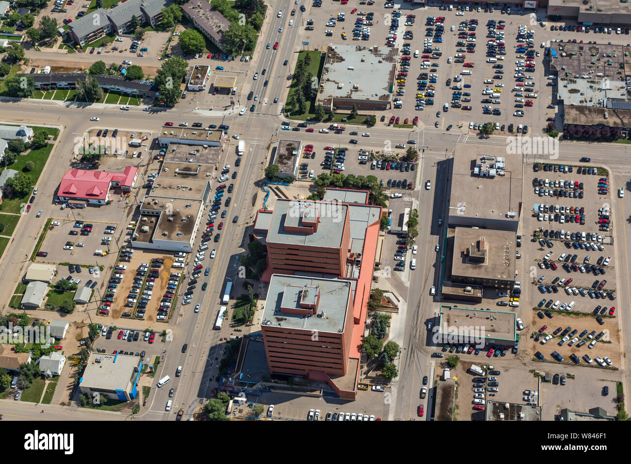 Aerial view of Fort McMurray, Alberta Canada featuring the Provincial Building and City Hall. Stock Photo