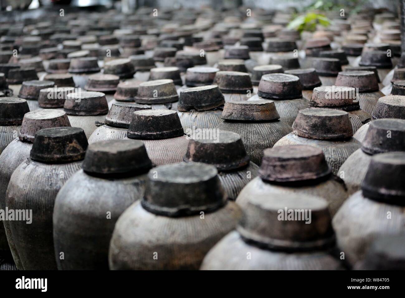 View of jars of baijiu liquor at a workshop in Wuzhen town ...