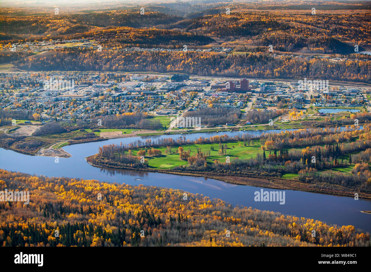 Aerial view of Fort McMurray, Alberta Canada with the Clearwater River in the foreground. Stock Photo